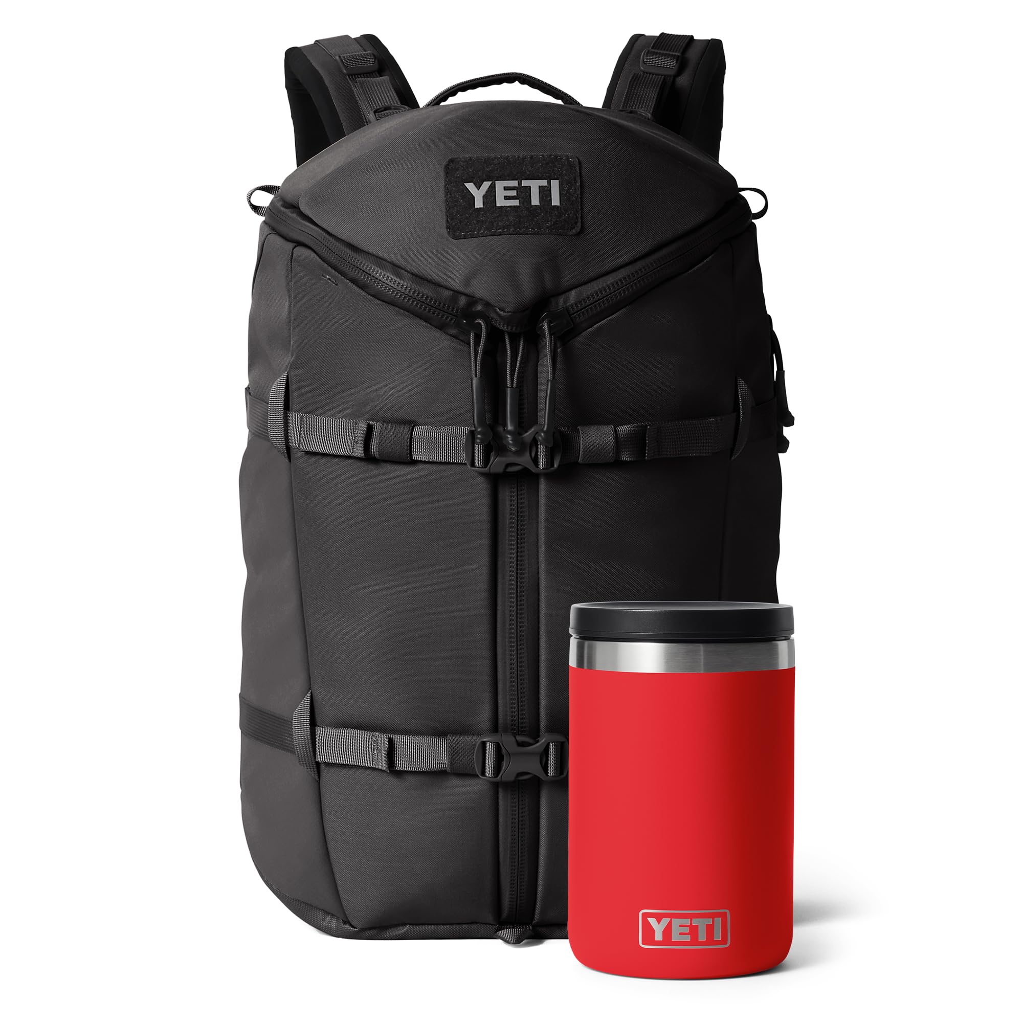 YETI Ranchero Rucksack 27L — Black + Rambler 16 oz Food Jar — Rescue Red