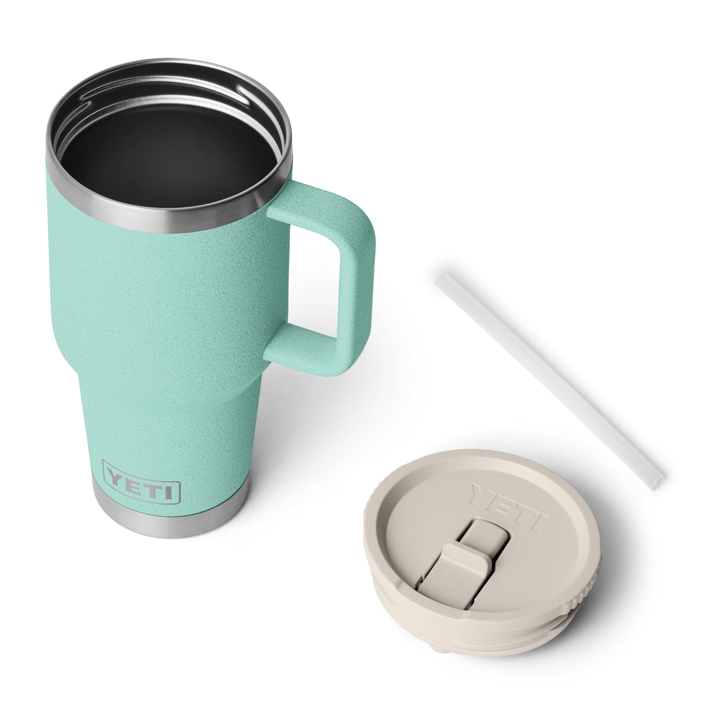 YETI Rambler 30 oz Reisebecher mit Flip-Strohhalmdeckel – Edelstahl, vakuumisoliert, auslaufsicher, passend für Getränkehalter, Seestein